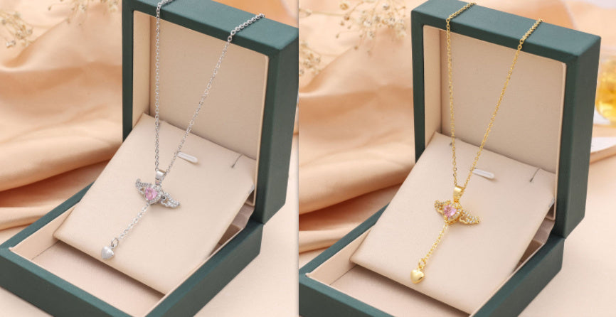 Cupid Heart Angel Wings Crystal Tassel Necklace