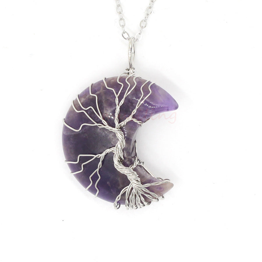 Natural Crystal Moon Pendant Necklace