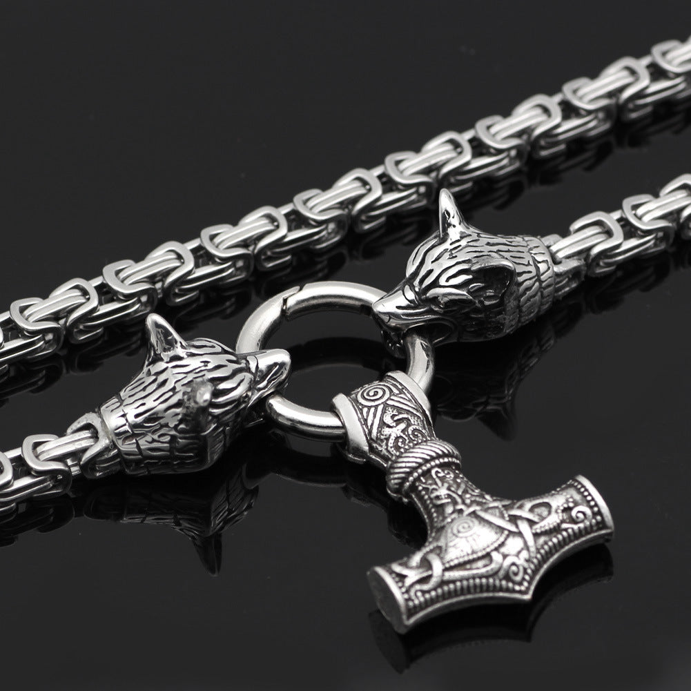 Viking Wolf Head Hammer Amulet Necklace