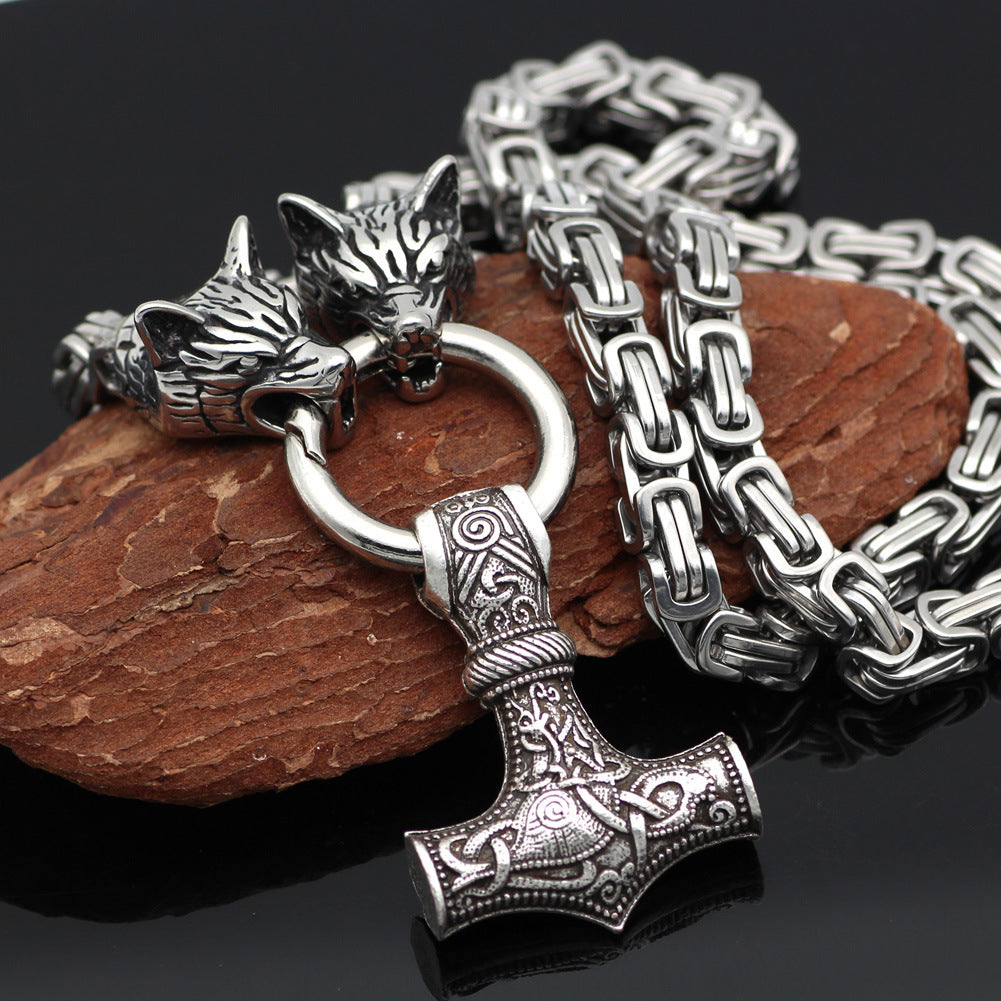 Viking Wolf Head Hammer Amulet Necklace