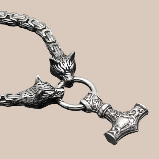 Viking Wolf Head Hammer Amulet Necklace