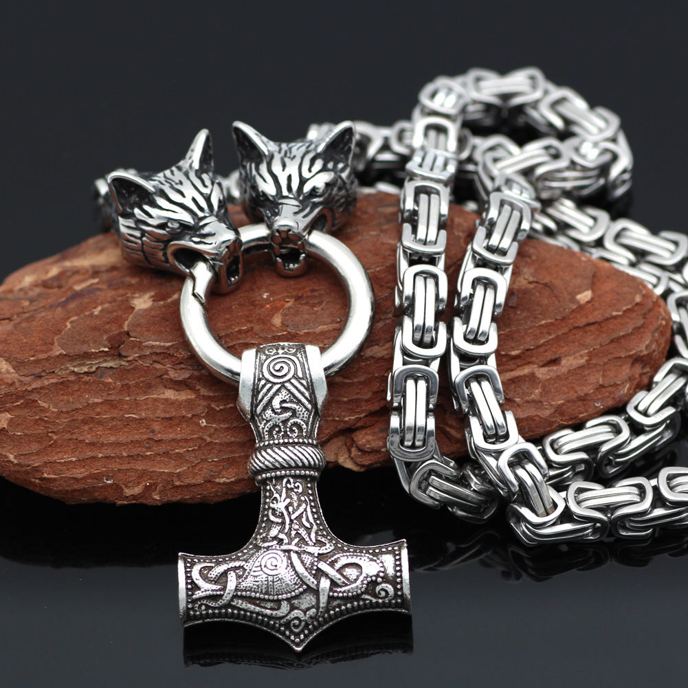 Viking Wolf Head Hammer Amulet Necklace