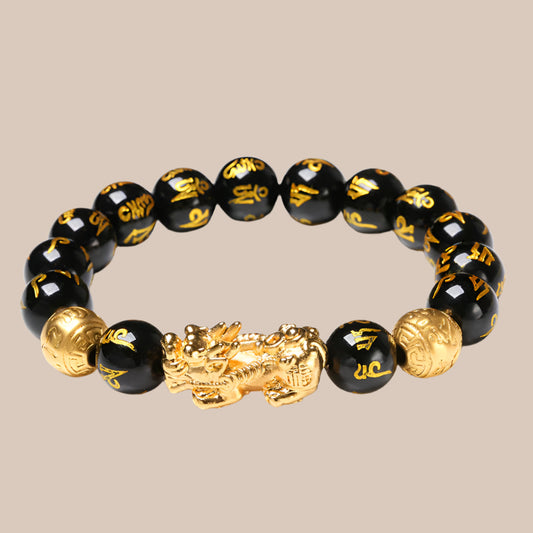 Black Obsidian Wealth Bracelet with Golden Pi Xiu Amulet