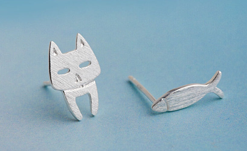 S925 Silver Cat & Fish Stud Earrings