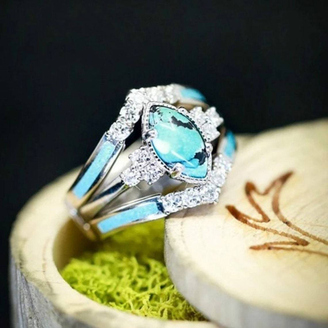 Retro Turquoise Diamond Ring Set