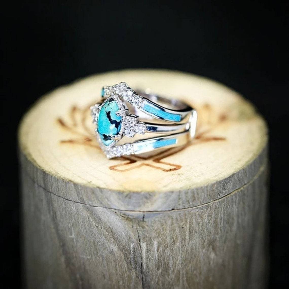 Retro Turquoise Diamond Ring Set