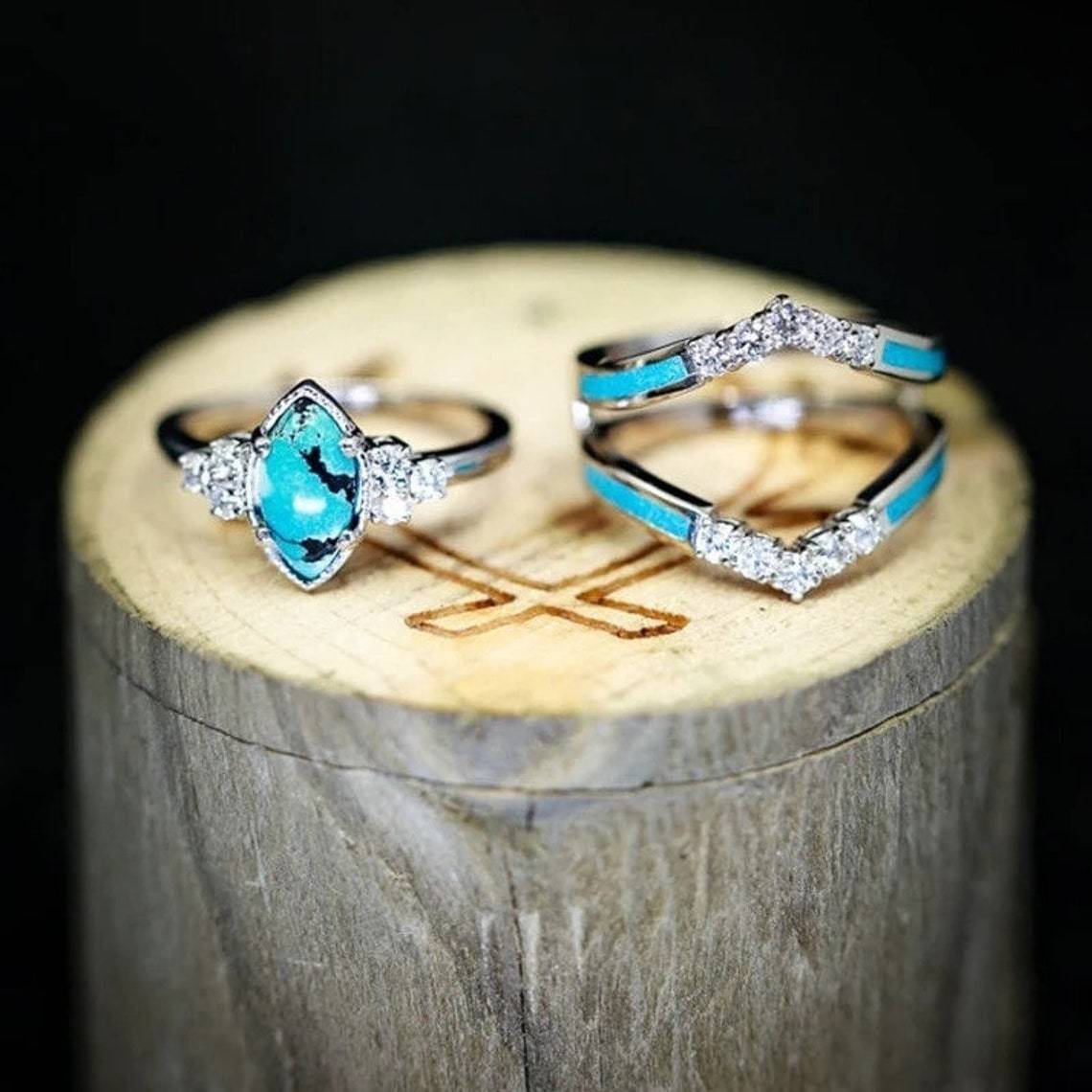 Retro Turquoise Diamond Ring Set