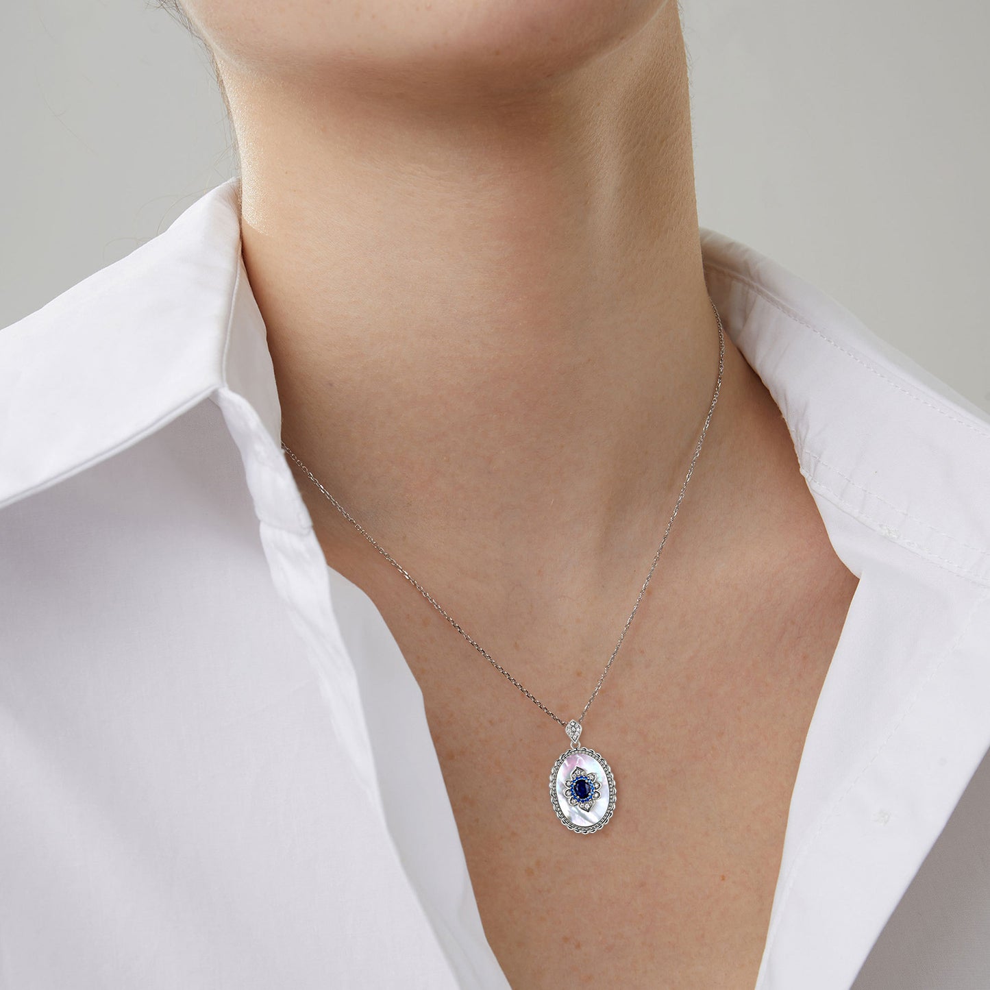 Sapphire Diamond Sterling Silver Pendant Necklace