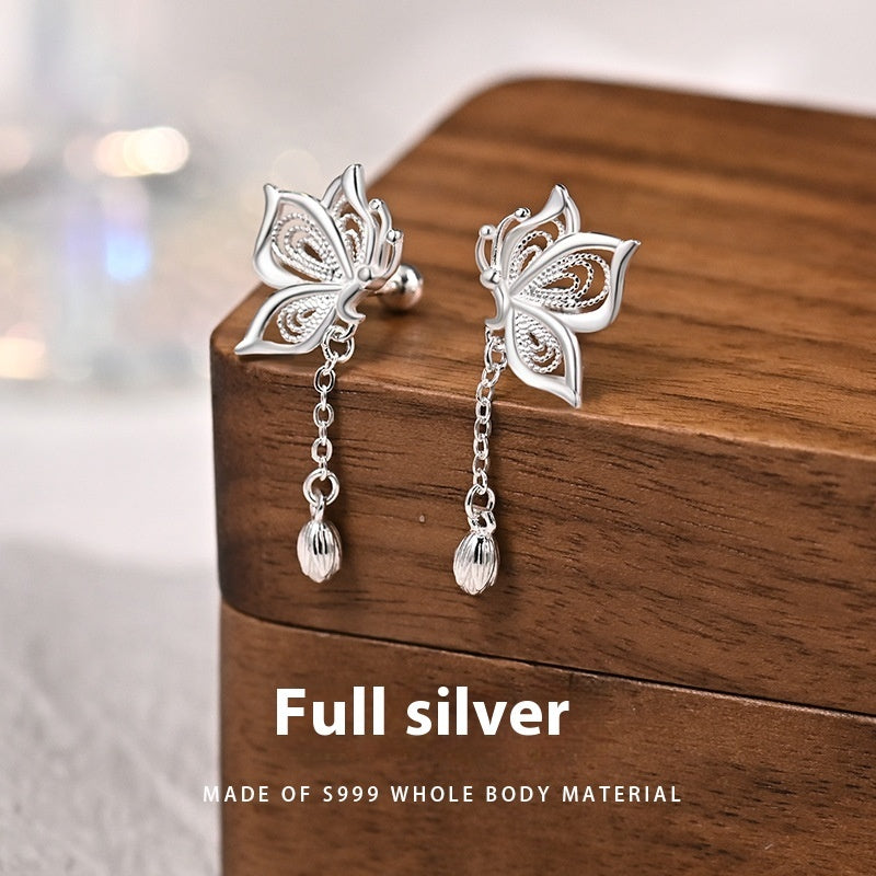 Silver Butterfly Tassel Earrings