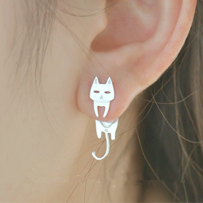 S925 Silver Cat & Fish Stud Earrings