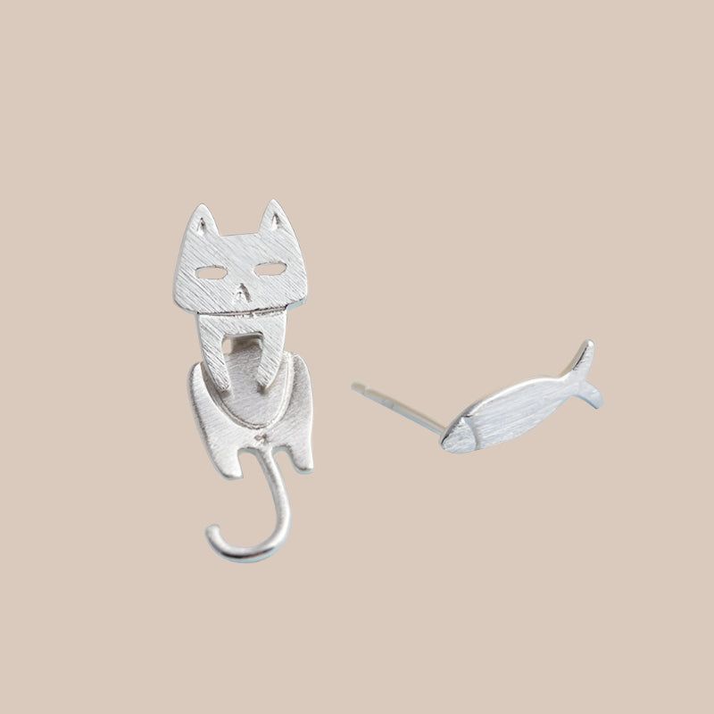 S925 Silver Cat & Fish Stud Earrings