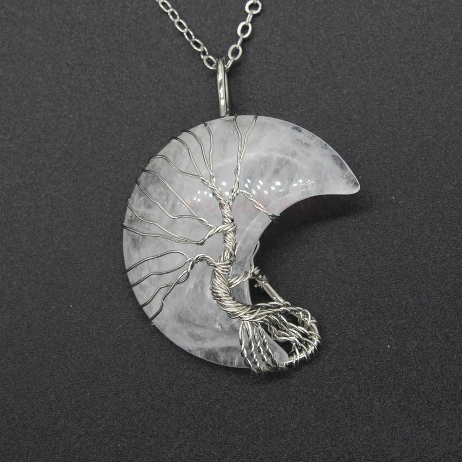 Natural Crystal Moon Pendant Necklace