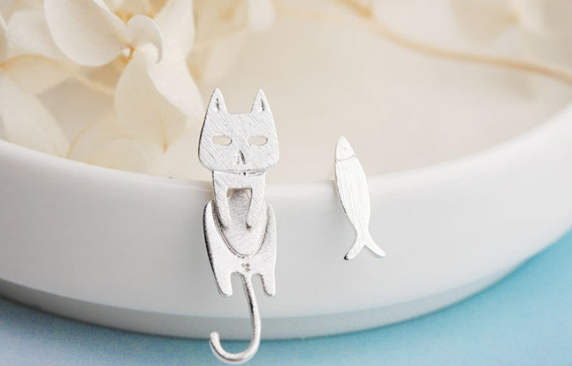 S925 Silver Cat & Fish Stud Earrings