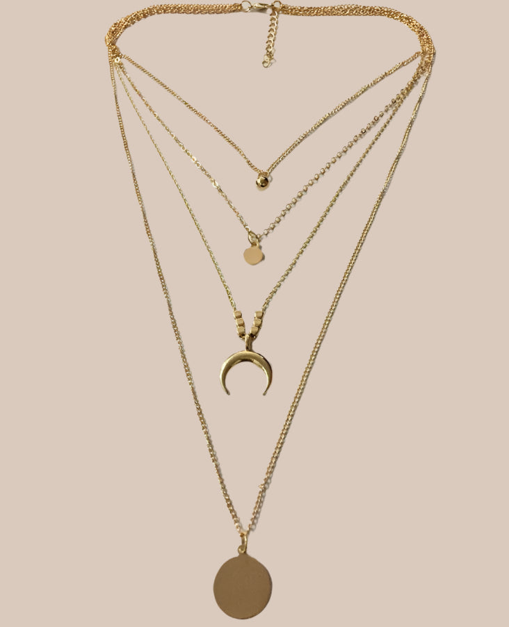 Celestial Multi-Layer Moon Disc Pendant Necklace