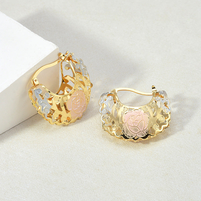 Hollow Rosette Earrings with Gold Contrast Hoops