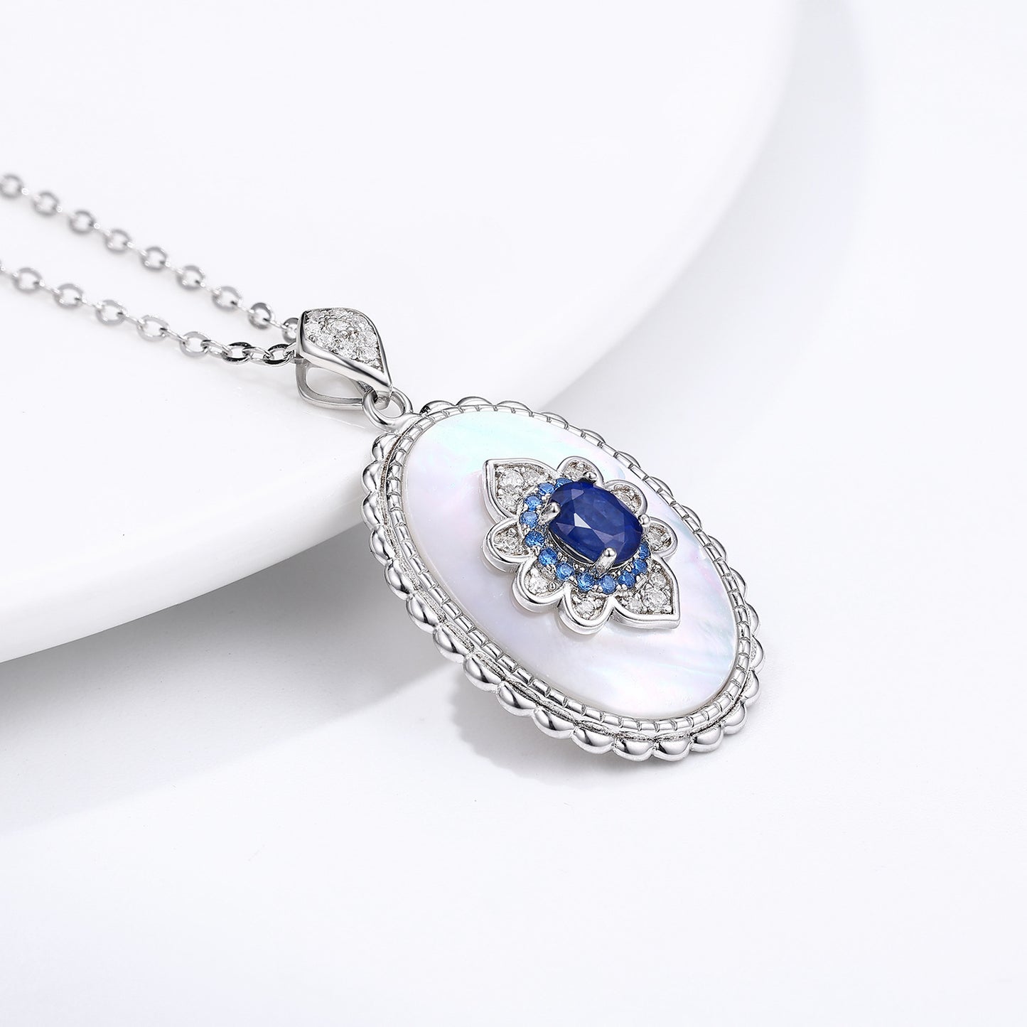 Sapphire Diamond Sterling Silver Pendant Necklace