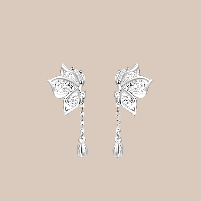 Silver Butterfly Tassel Earrings