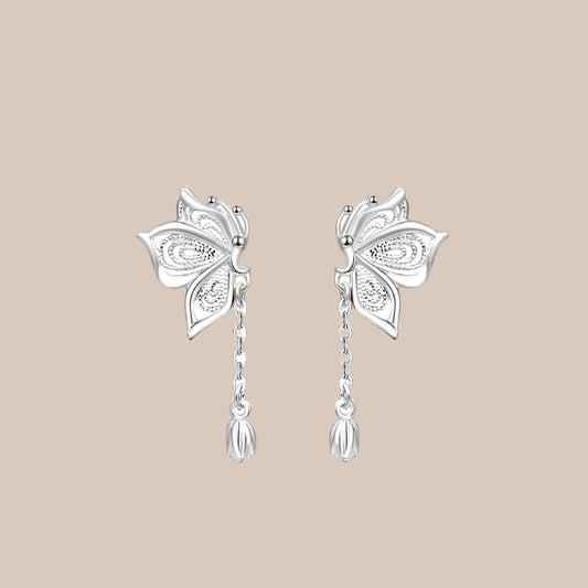 Silver Butterfly Tassel Earrings