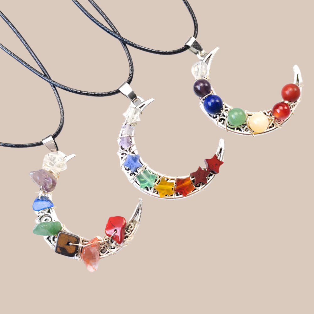 Seven Chakras Moon Pentagram Crystal Necklace