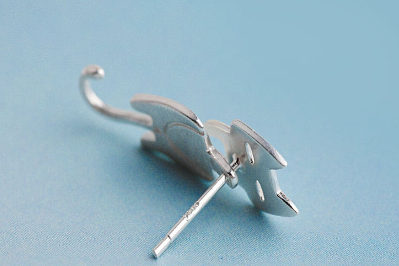 S925 Silver Cat & Fish Stud Earrings