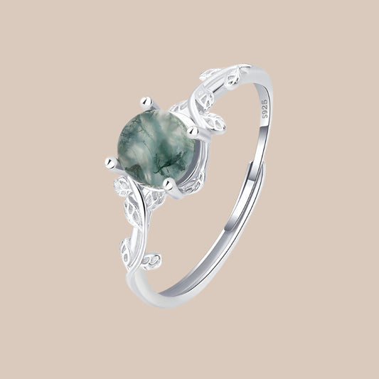 S925 Silver Green Moss Ring Water Plants Agate Stone Finger Ring