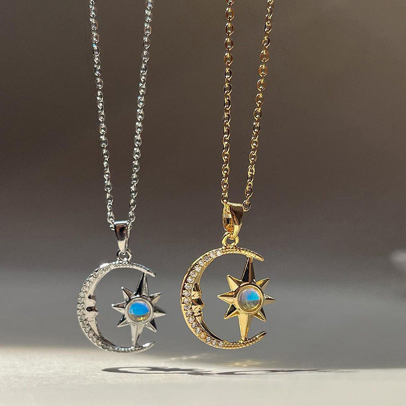 Moon & Star Zircon Pendant Necklace